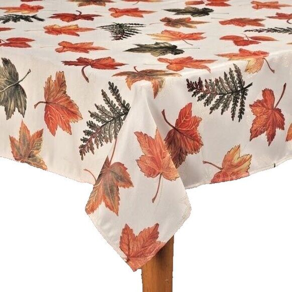 Gold Metallic Maple Leaves Fabric Tablecloth Fall Autumn Kitchen 60 x 90 Oblong - Picture 1 of 2